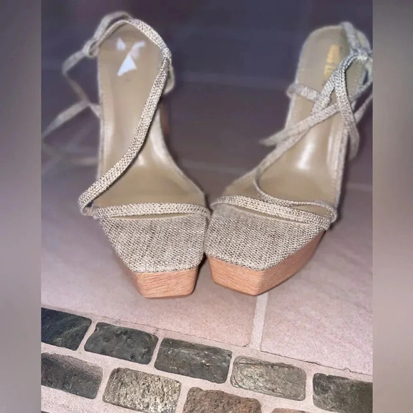 - MMISS LOLA SUNWEAR PARADISE NUDE LINEN STRAPPY BLOCK HEELS SIZE 9 - Picture 8 of 15